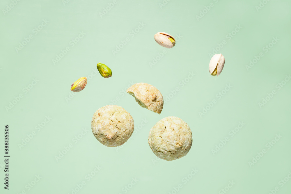 Amaretti - famous traditional italian cookies with pistachios. Gluten-free bakery product