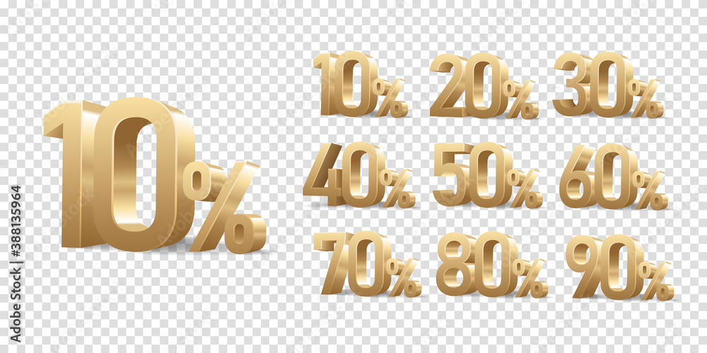 Discount 3D golden numbers with percent sign, isolated on transparent background. Set of discount numbers. - obrazy, fototapety, plakaty 