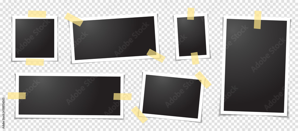 Polaroid photo frames fixed with adhesive tape on a transparent background. Photo frame on sticky tape, isolated.
