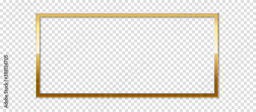 Square golden frame with shadow, isolated on transparent background. Golden border design.