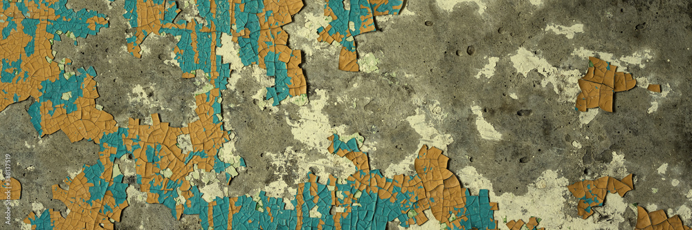 Naklejka premium Peeling paint on the wall. Panorama of a concrete wall with old cracked flaking paint. Weathered rough painted surface with patterns of cracks and peeling. Wide panoramic grungy texture for background