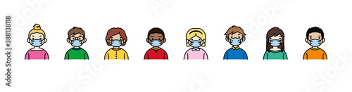 Kids mask set. Little boy and little girl wear face mask protect virus. Social distancing concept. Vector characters and illustrations isolated on white background.