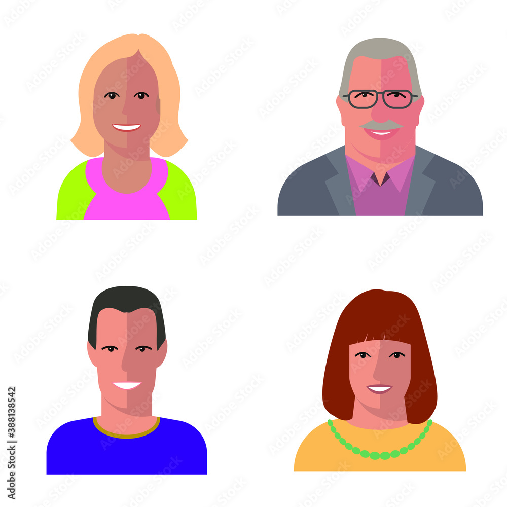Set of four different people. Faces avatars on the topic of business, education. Vector illustration in flat style. Set of four different people. Faces avatars on the topic of business, education. Vector illustration in flat style.