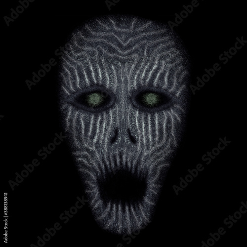 Blue patterned skull or alien head with open mouth on a black background, digital painting, concept for suspense and horror.