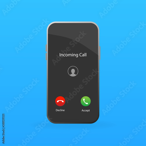 Incoming call in flat style. Perspective vector. Accept button, decline button. Black background. Vector flat design. Call screen mockup.