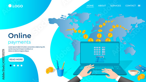 Global online payments.A businessman transfers money all over the world.The concept of fast and secure money transfers.Isometric vector illustration.The template of the landing page.