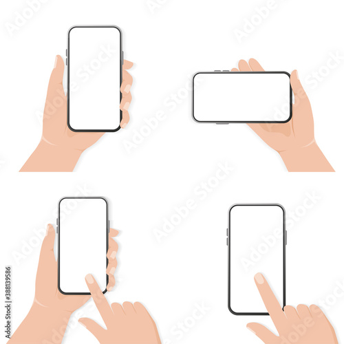 Design template with smartphone with hand rotate. Technology vector illustration. Smartphone mockup. Mobile application design. Vector illustration.