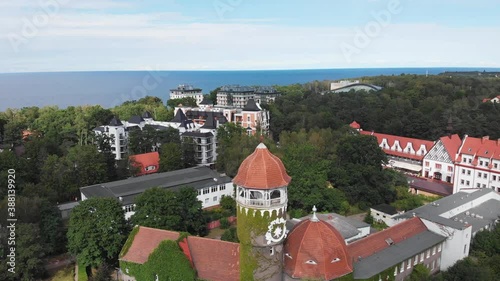 Aerial view of Svetlogorsk, former german Rauschen, coastal resort town, Svetlogorsky District, Kaliningrad Oblast, Russia, Baltic Sea coast, with scenery beyond the city and sea photo