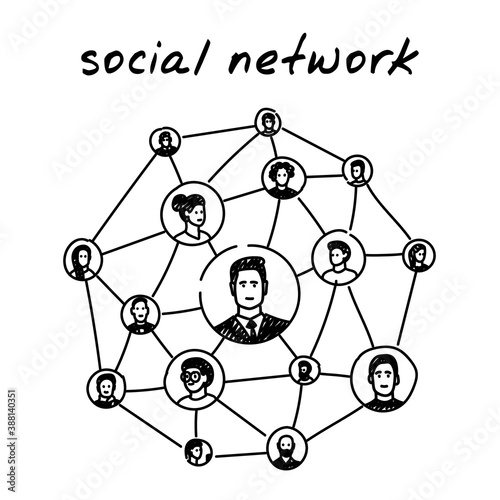 Social network handdrawn illustration. Cartoon vector clip art of a global social networking concept with scheme of connections and data exchanges. Black and white sketch of people portraits connected