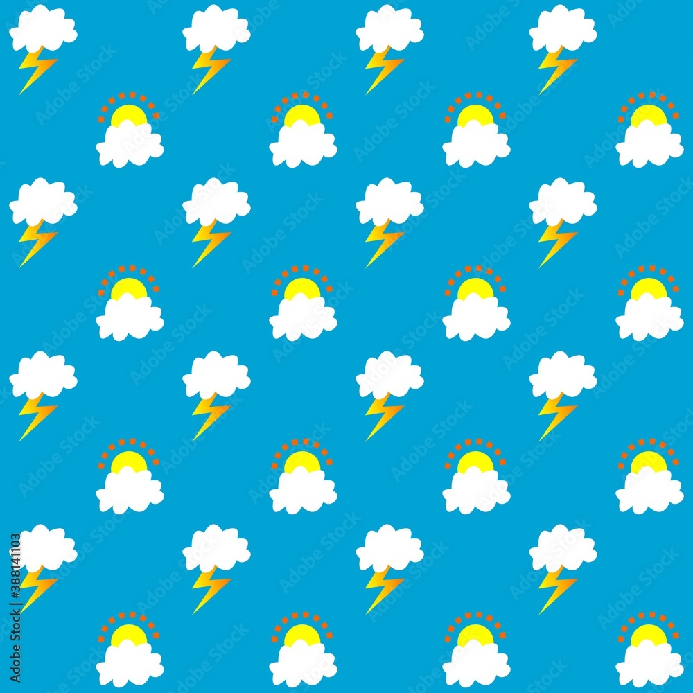 Seamless pattern of sunny weather white clouds with lightning. suitable for background, fashion, clothes design, bed cover, gift cover etc.