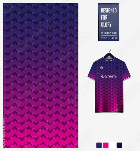 Fabric pattern design. Geometric pattern on violet background for soccer jersey, football kit or sports uniform. T-shirt mockup template. Abstract sport background.