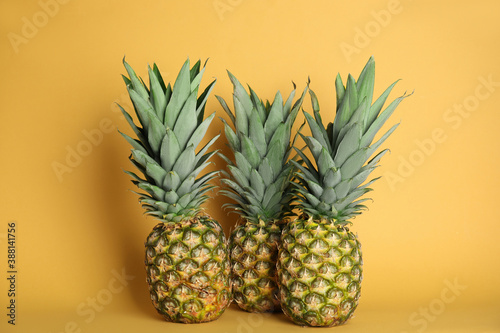 Fresh ripe juicy pineapples on orange background