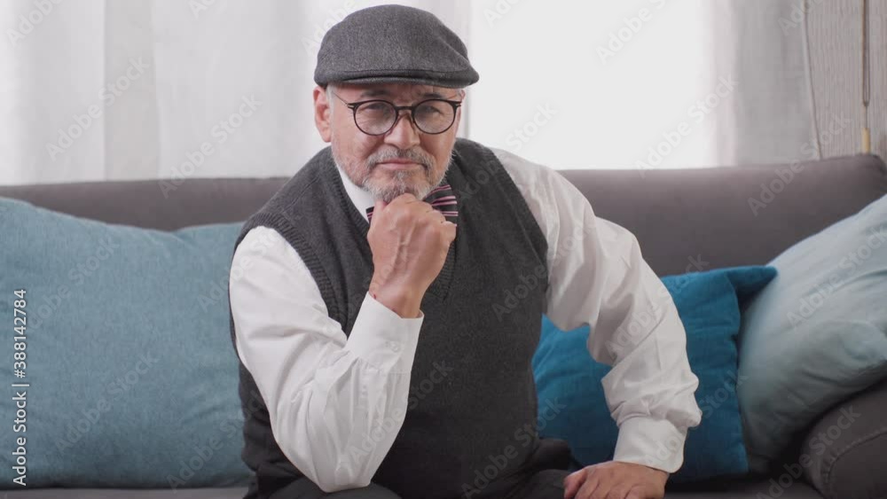 adulto mayor bien parecido con sombrero y anteojos afirmando sentado en una habitación de casa feliz y tranquilo