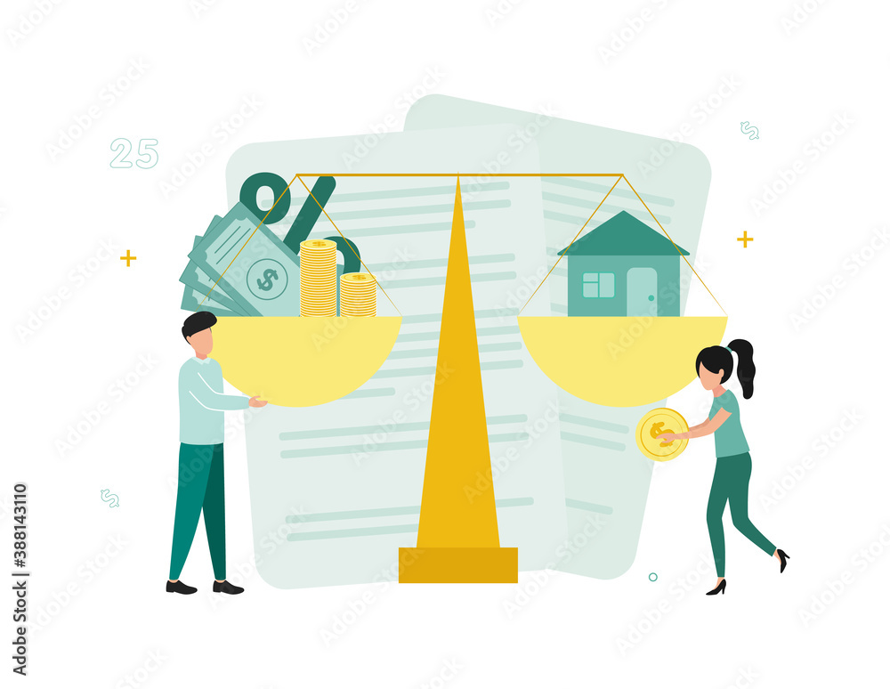 Finance. Mortgage. A man and a woman stand at the scales, in the bowls of which there is a house, money, interest, documents in the background. Vector illustration