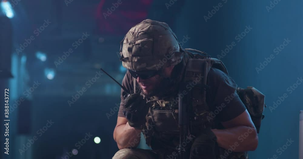 Male soldier calling for backup
