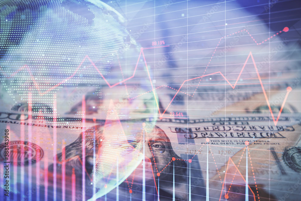 Double exposure of forex graph drawing over us dollars bill background. Concept of financial markets. Double exposure of forex graph drawing over us dollars bill background. Concept of financial markets.