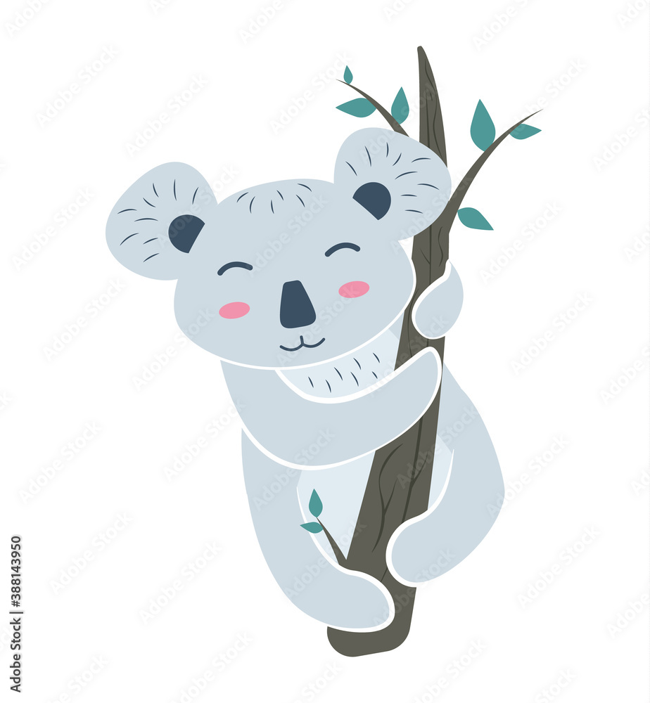 Animal koala on the branches. Koala bear character on eucalyptus branches. Vector illustration