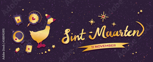 Sint-Maarten or Saint Martin's day in Netherlands. Paper lanterns and goose. Vintage retro poster or greeting card. Callygraphic lettering. Grainy textured background. 