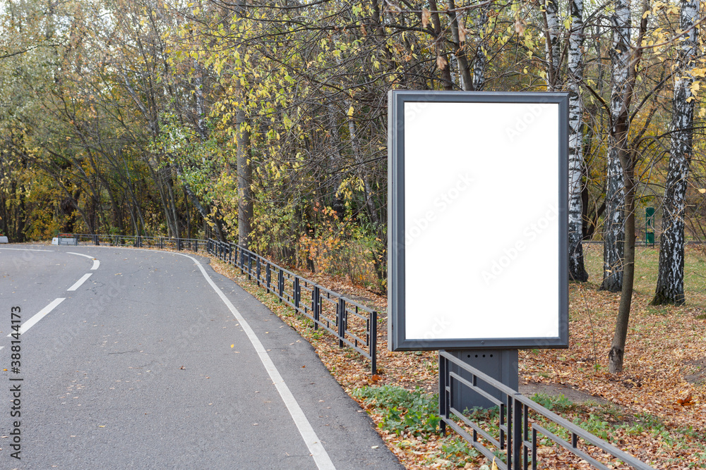 Blank billboard in an autumn park at the edge of an asphalt road.