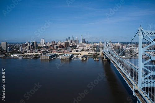 USA,ÔøΩPennsylvania,ÔøΩPhiladelphia, Aerial view of Delaware River and Ben Franklin Bridge with city downtown in background photo