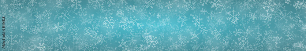 Christmas banner of snowflakes of different shapes, sizes and transparency on light blue background Christmas banner of snowflakes of different shapes, sizes and transparency on light blue background