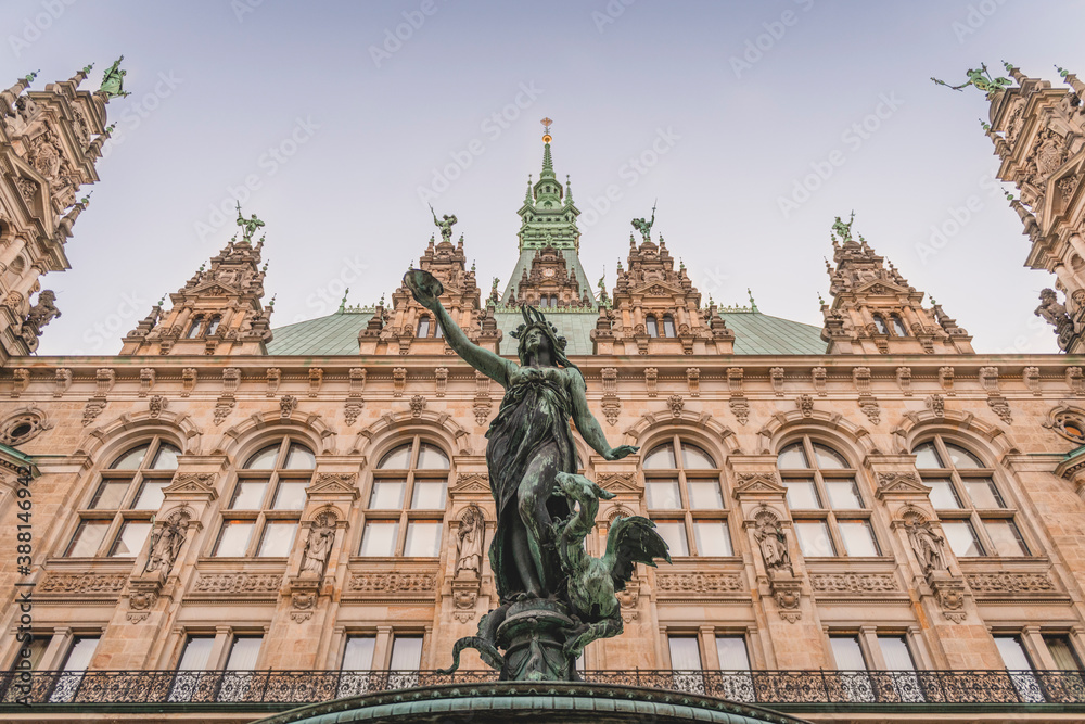 Germany, Hamburg, Hygieia statue in front of town hall facade Germany, Hamburg, Hygieia statue in front of town hall facade
