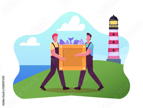 Fishery Industry Concept. Fishermen in Working Overalls Carry Wooden Box with Raw Fish on Seascape Background