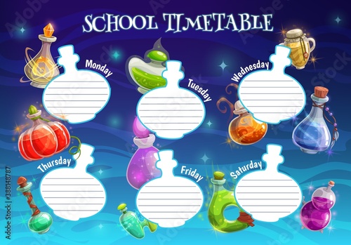 School timetable, schedule or planner vector template of student education design. Halloween witch potion bottles cartoon frame background of weekly study plan time table or pupil lesson chart layouts