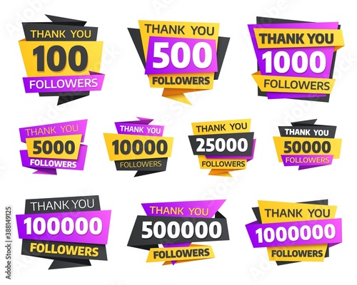 Labels or stickers for followers milestone, vector elements with numbers and typography for internet social media networks. followers thank you congratulation post, isolated stickers and labels set