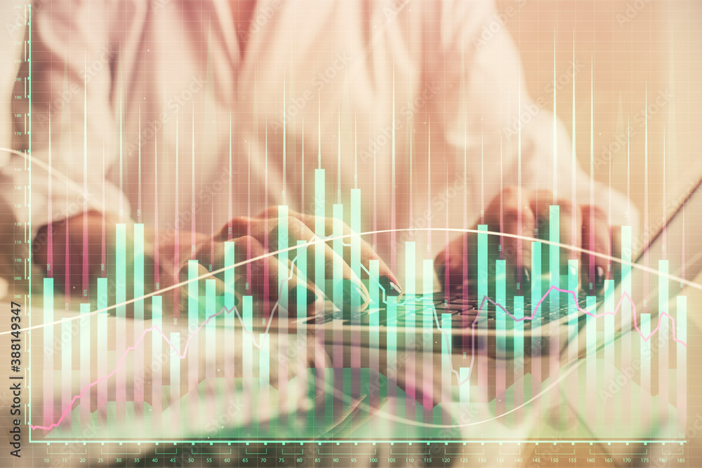 Double exposure of woman hands typing on computer and forex chart hologram drawing. Stock market invest concept. Double exposure of woman hands typing on computer and forex chart hologram drawing. Stock market invest concept.