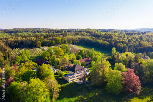 Germany, Bavaria, Herrsching, Drone view of Rezensried estate and surrounding forest