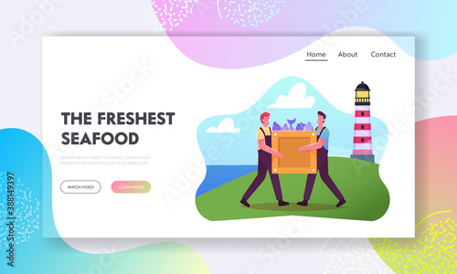 Fishery Industry Landing Page Template. Fishermen Male Character in Working Overalls Carry Box with Raw Fish on Seascape