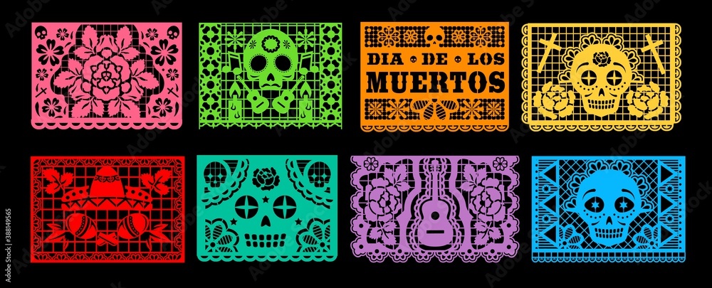 Dia de los Muertos papel picado vector set of Mexican Day of the Dead or Halloween holiday. Paper cutting flags bunting garland with pattern of skull, sombrero, maracas, guitar and marigold flower - obrazy, fototapety, plakaty 