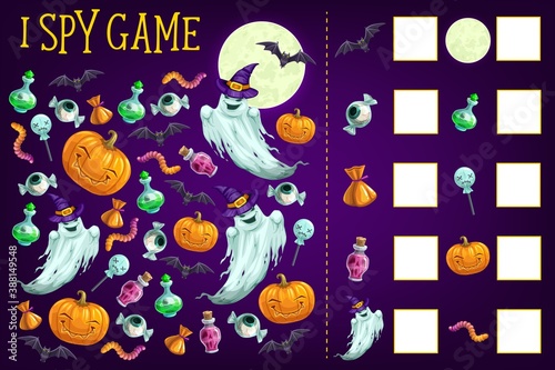 I spy game vector template of find and count Halloween objects. Kids education puzzle and children counting worksheet with Halloween pumpkins, ghosts, bats and moon, trick or treat candies and potion