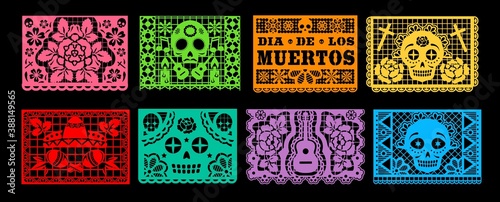 Dia de los Muertos papel picado vector set of Mexican Day of the Dead or Halloween holiday. Paper cutting flags bunting garland with pattern of skull, sombrero, maracas, guitar and marigold flower photo