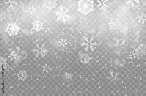 Realistic snow flakes background, isolated vector Christmas backdrop with falling snow and steam. Snowflake transparent decoration effect, Xmas pattern. Magic white snowfall texture, winter snowstorm