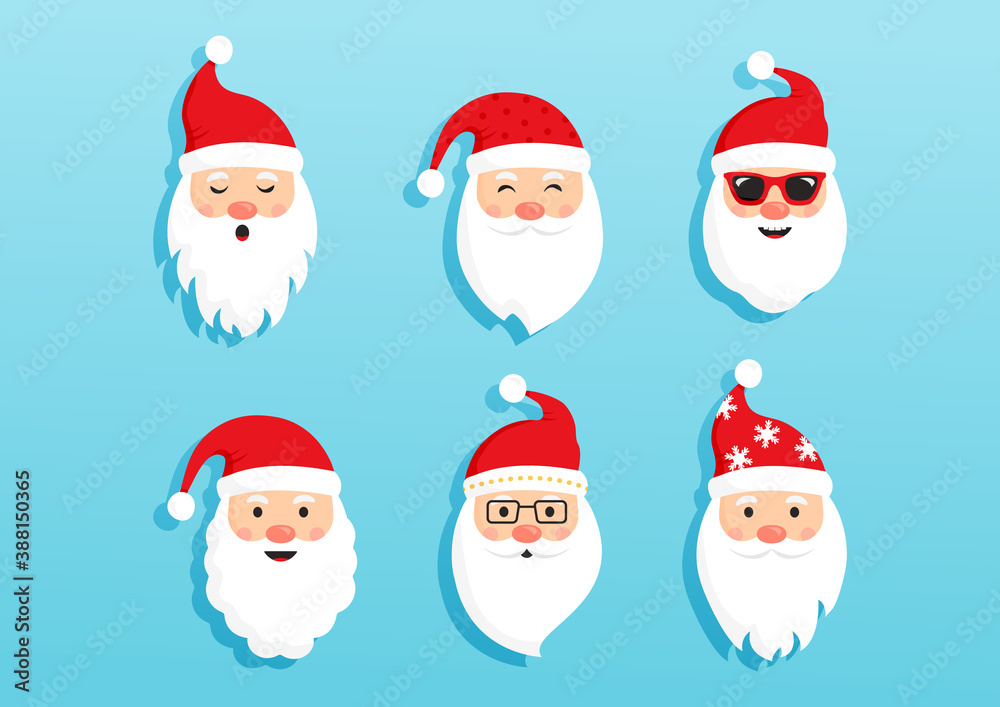 Christmas Santa Claus vector icons, cartoon head character, red Santa hat, New year cute collection, holiday winter illustration on blue background
