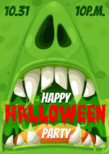 Halloween party vector invitation poster of horror night zombie monster. Scary grin or spooky smile of Halloween beast with creepy teeth, drops of green slime, mutant, ghoul or troll cartoon design