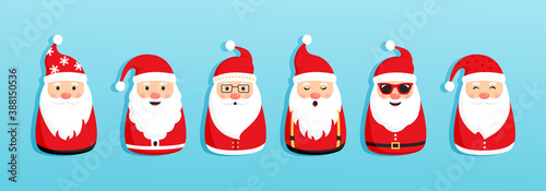 Christmas Santa Claus vector icons, cartoon character, red Santa hat, New year cute collection, holiday winter illustration on blue background