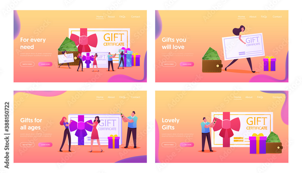 Happy People Shopping Landing Page Template Set. Characters Buy Things and Presents for Holidays Using Gift Certificate