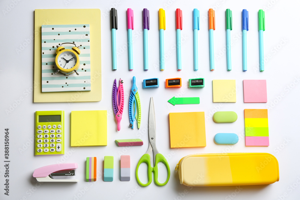 School stationery on white background, flat lay. Back to school School stationery on white background, flat lay. Back to school