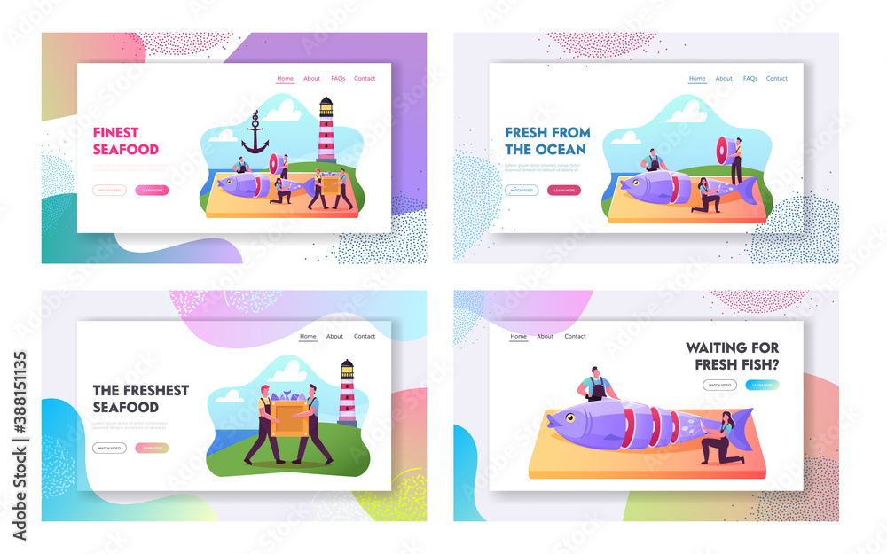 Fishery Industry Landing Page Template Set. Tiny Fishers Cutting Fresh Fish on Coastline with Lighthouse and Anchor