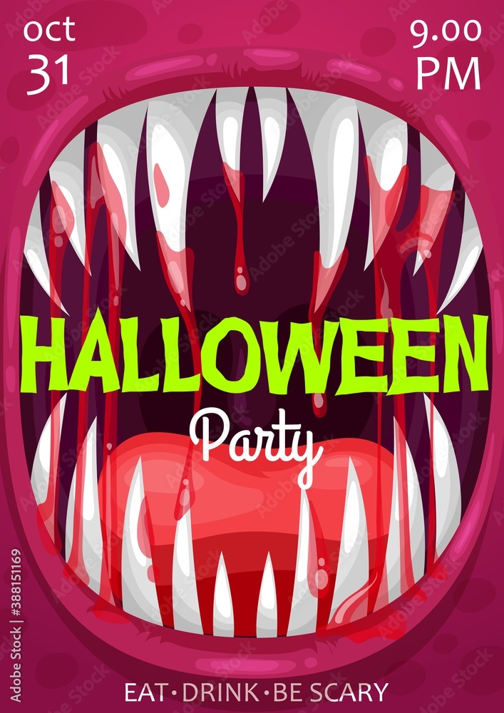 Halloween vampire monster scream vector poster of horror night party ...