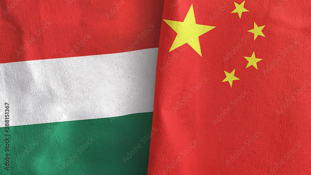 China and Hungary two flags textile cloth 3D rendering