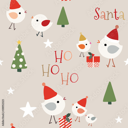Cute Christmas seamless pattern with Santa hats on happy birds, trees, presents and stars on beige background. Great for winter fabric, textile, holiday wrapping paper, scrapbooking. Surface pattern