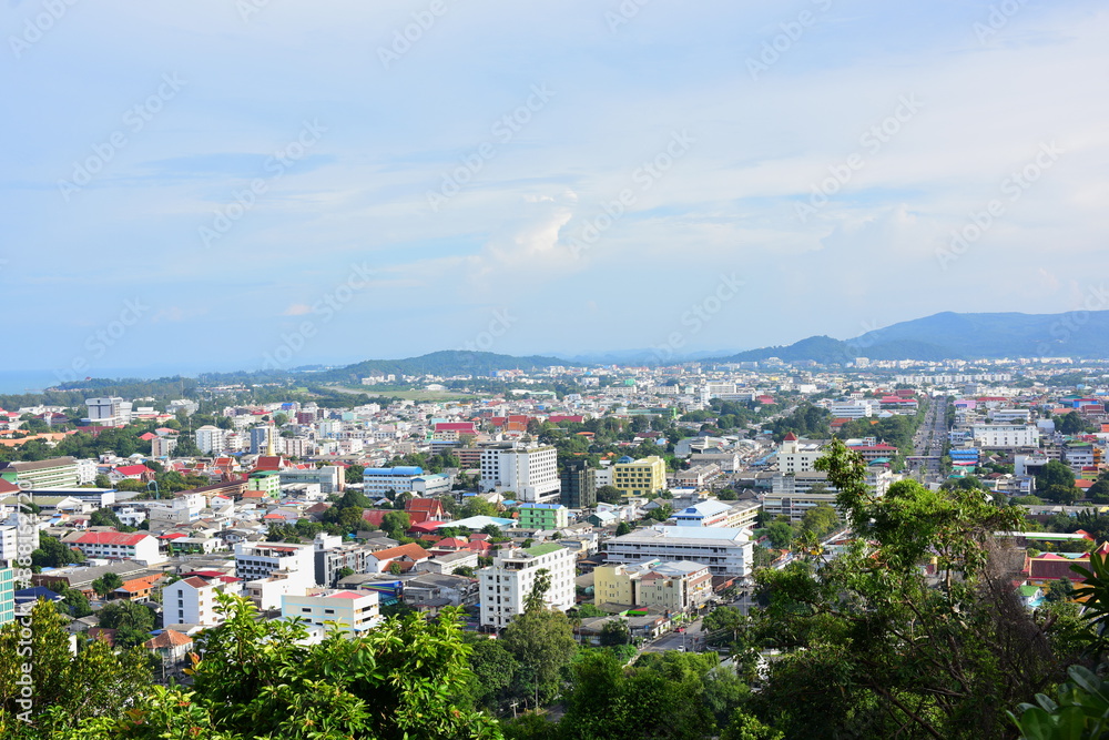 Natural views with the sea and mountains of Songkhla seen from the top of the mountain.