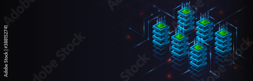 Big data analysis processing. Network connection and information exchange. Creative Web hosting banner. Information flow on the black background. Abstract futuristic data center.