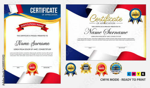 Diploma certificate template with luxury and glamour style, or certificate with gold badge, or Diploma certificate template with french flag wave theme . eps vector cmyk mode, easy to modify