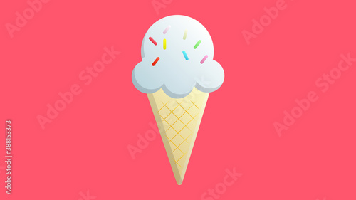ice cream with bright balls in a waffle glass on a red background, vector illustration. appetizing sweet milk dessert. on creamy berry balls sweet sugar topping