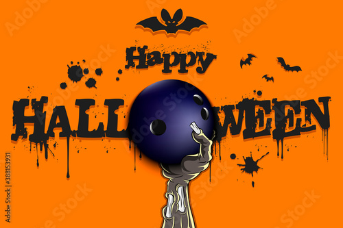 Happy Halloween. Zombie hand is holding a bowling ball. Template bowling design. Grunge style. Pattern for banner, poster, greeting card, flyer, party invitation. Vector illustration